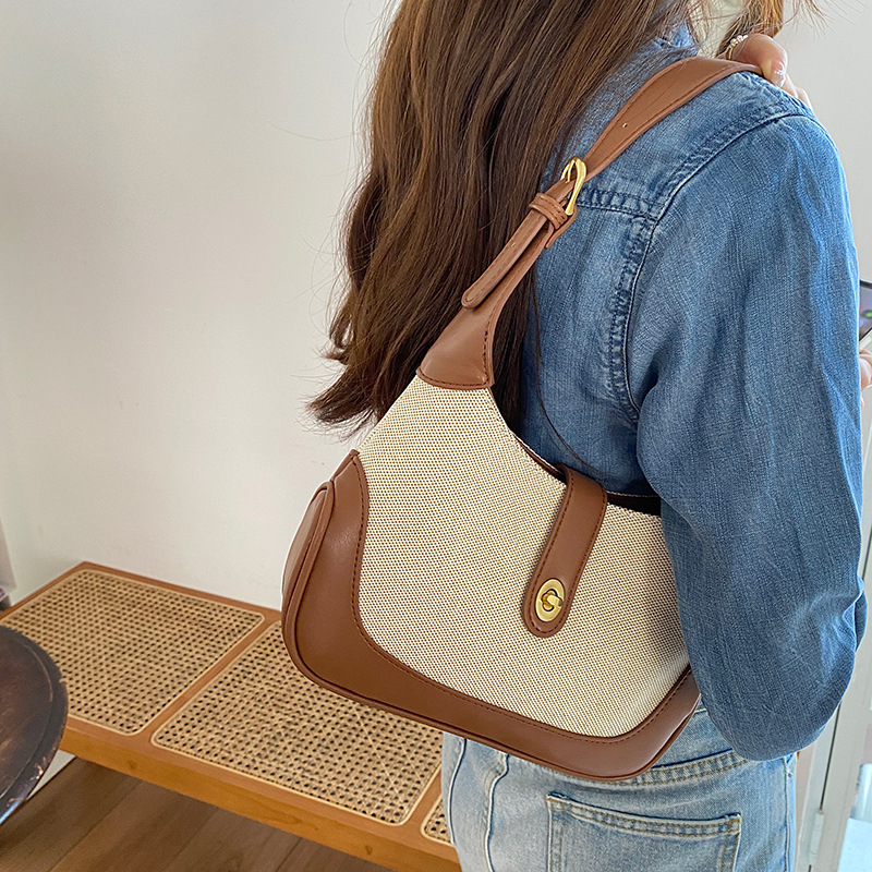 Ins風復古小眾拼接撞色月牙腋下包手提袋