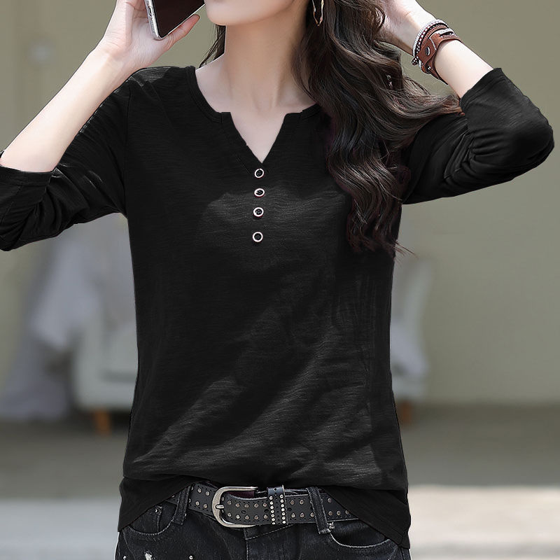 【全六色】寬鬆百搭V領上衣打底衫潮竹節棉長袖-Cicichill