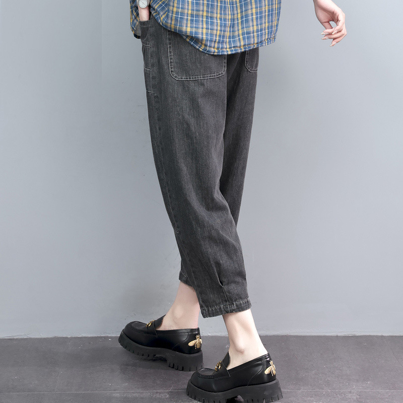 薄款高腰牛仔七分褲寬鬆顯瘦百搭刺繡鬆緊腰哈倫褲裝