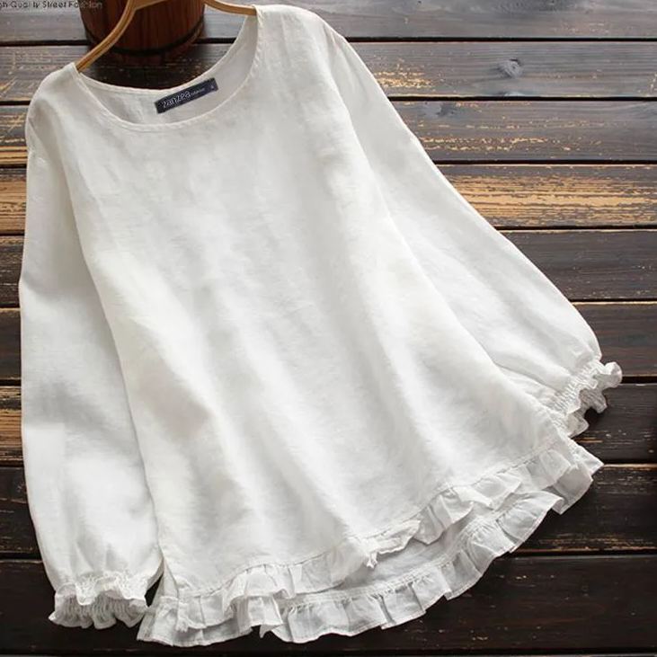 棉麻純色寬鬆荷葉邊圓領長袖襯衫-Cicichill