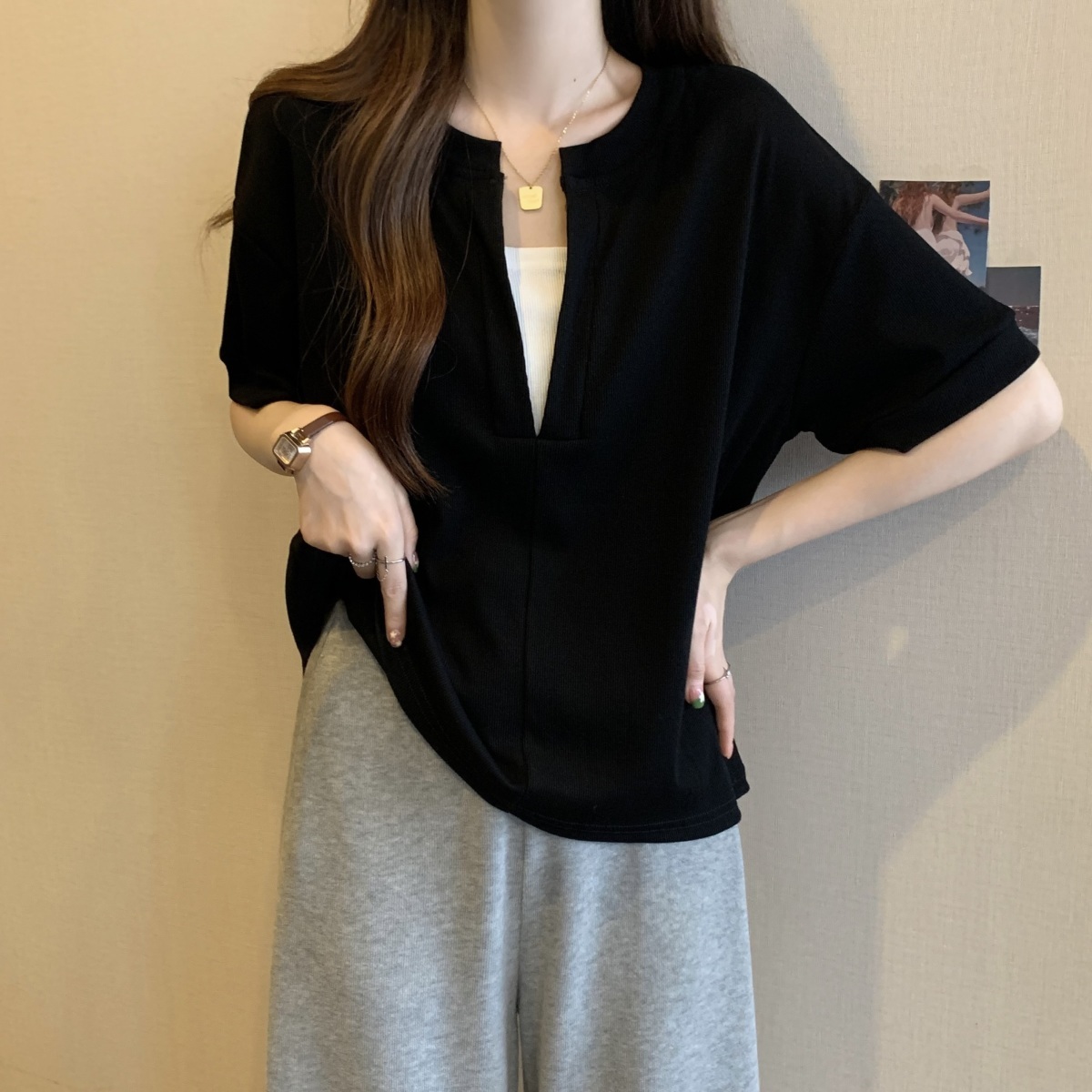 Ins潮寬鬆顯瘦百搭小眾遮肚假兩件短袖