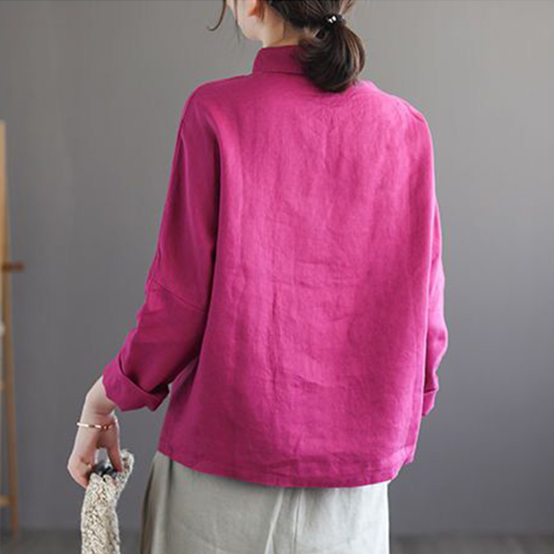 斜襟彩扣棉麻復古娃娃領亞麻打底襯衫-Cicichill