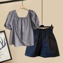 灰藍色上衣+黑色短褲/兩件套