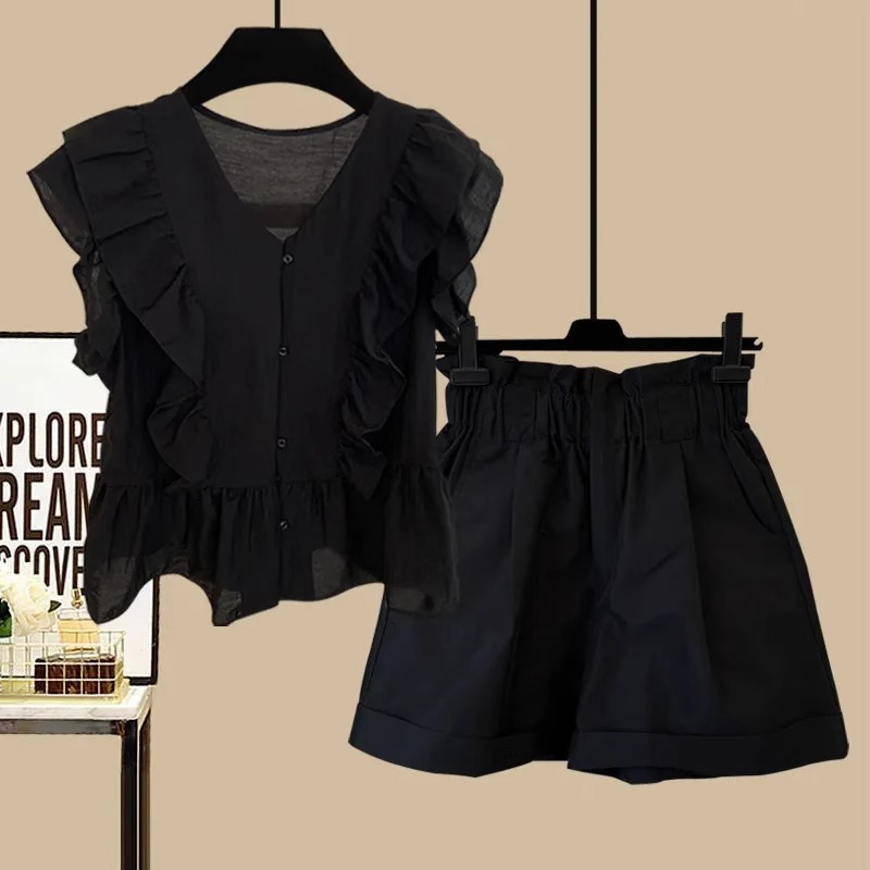 【兩件套】時尚v領雪紡娃娃衫荷葉邊無袖襯衫+短褲套裝