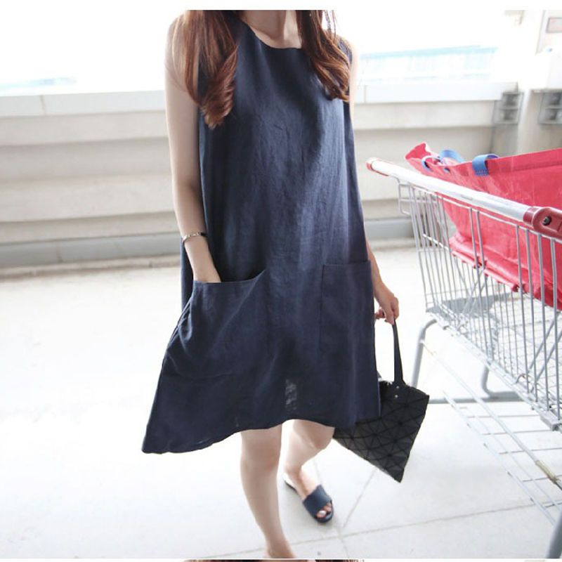 法式簡約寬鬆透氣棉麻中長款無袖a字連身裙-Cicichill