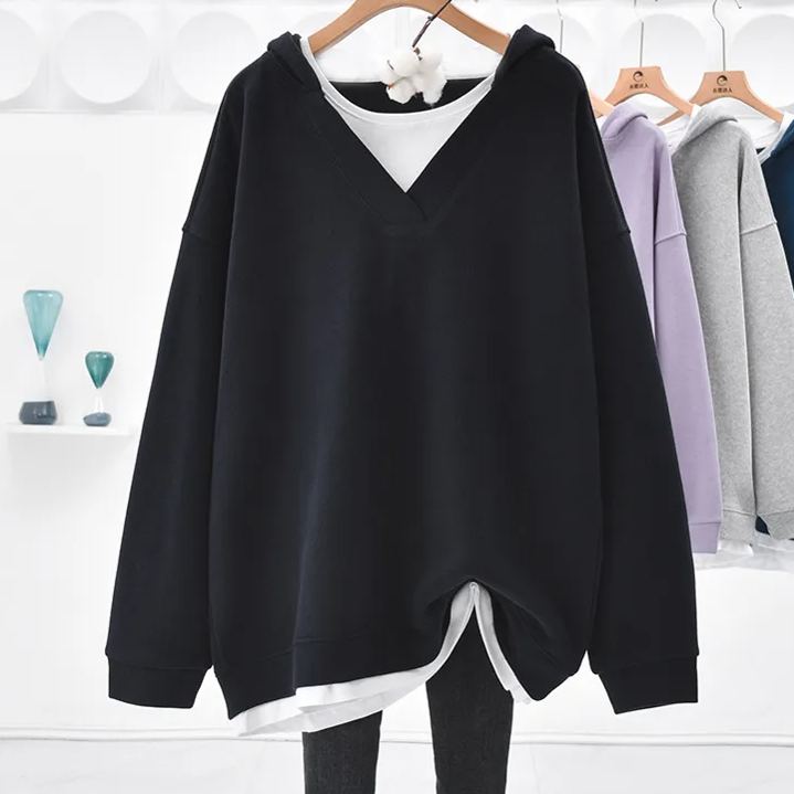 休閒寬鬆簡約V領假兩件中長款連帽衛衣-Cicichill