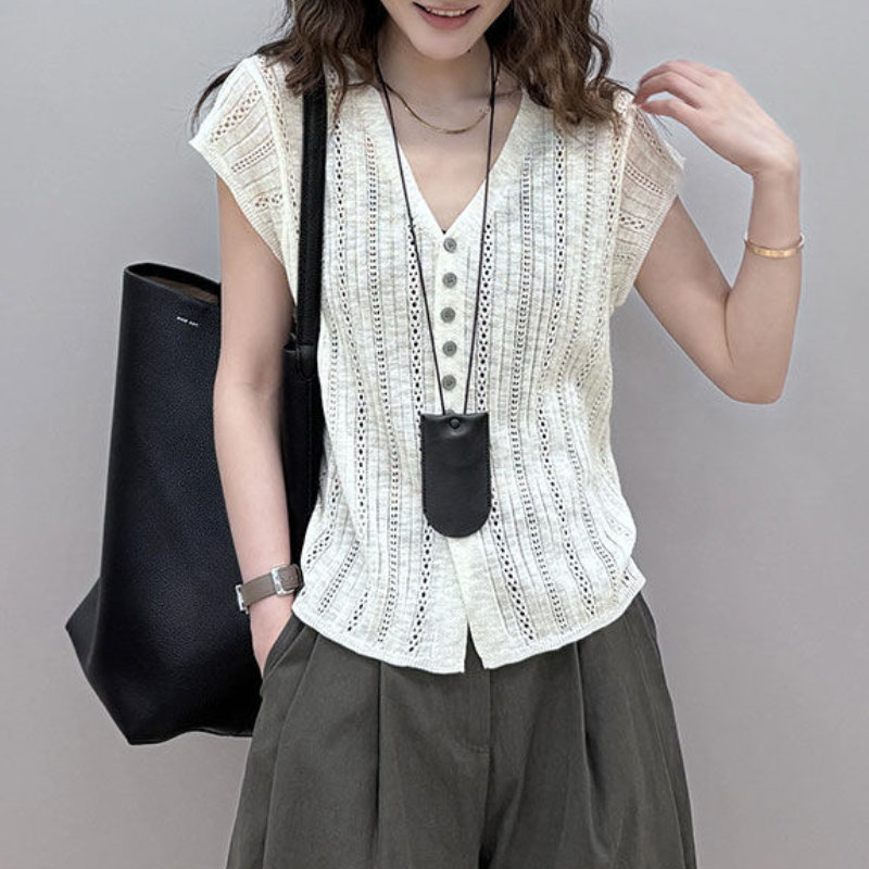 氣質涼感透氣時尚V領顯瘦針織設計感鏤空開衫