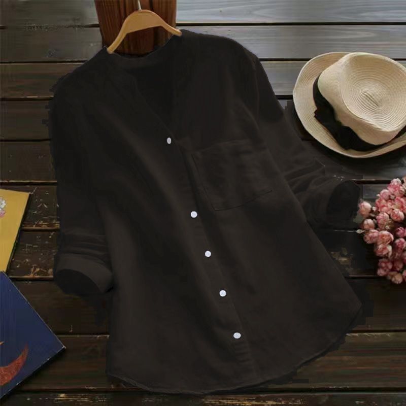 8色棉麻大碼顯瘦文藝v領寬鬆襯衫-Cicichill