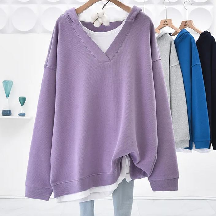 休閒寬鬆簡約V領假兩件中長款連帽衛衣-Cicichill