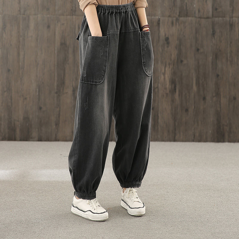 韓版寬鬆拼接大口袋高腰鬆緊腰直筒牛仔褲裝-Cicichill