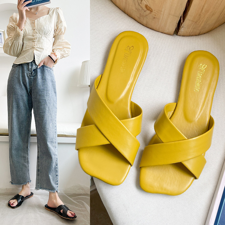 網紅交叉糖果色方頭平底外穿拖鞋-Cicichill