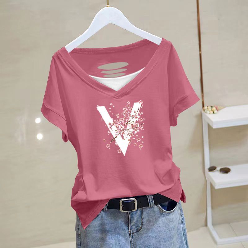 寬鬆洋氣後背鏤空設計感純棉v領短袖