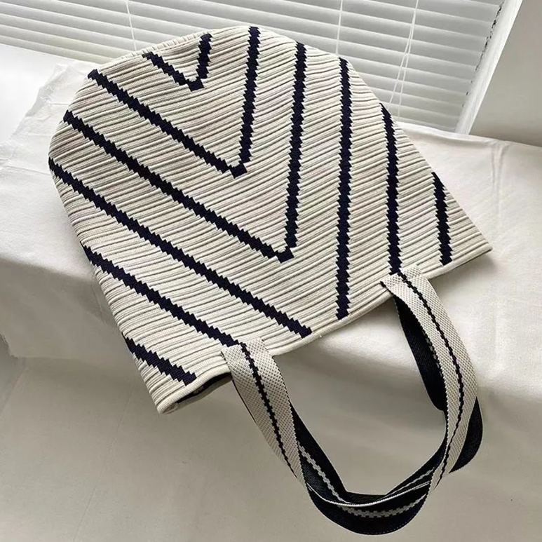 簡約條紋大容量通勤百搭時尚單肩編織腋下包-Cicichill