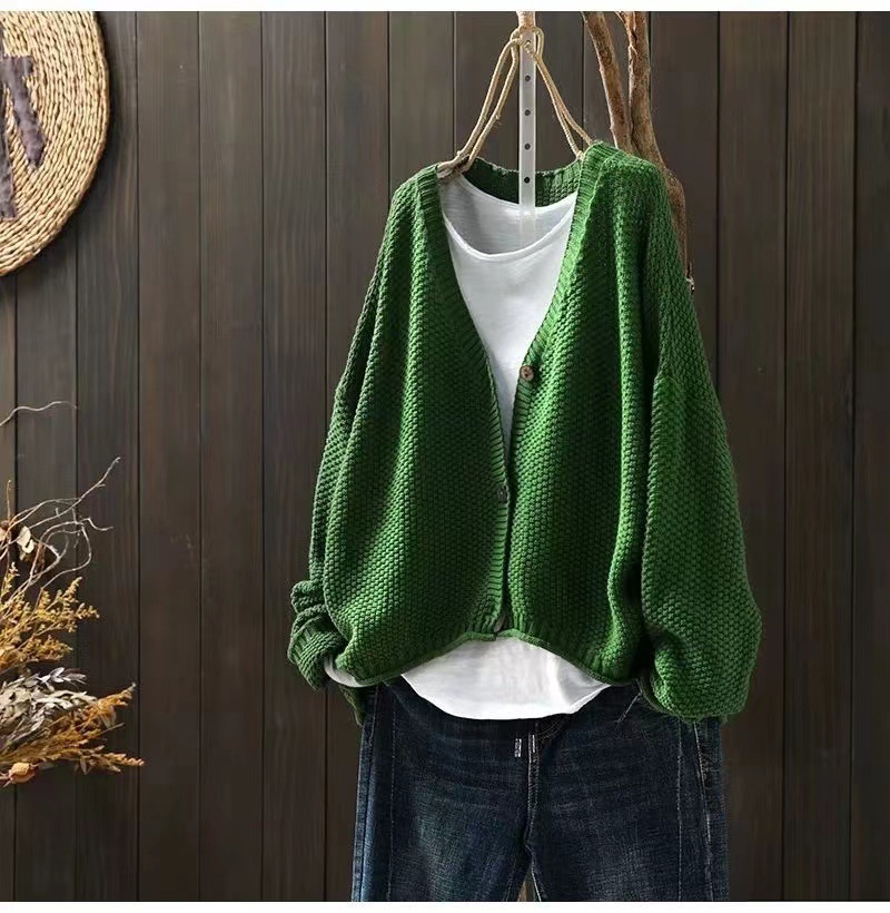 復古V領針織文藝休閒百搭開衫-Cicichill