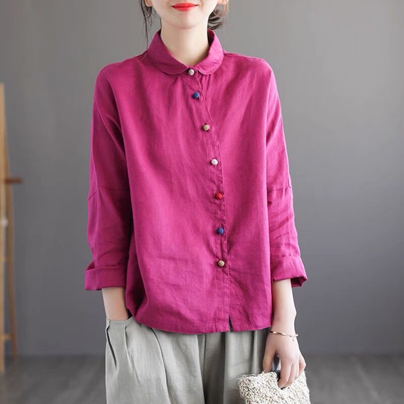 斜襟彩扣棉麻復古娃娃領亞麻打底襯衫-Cicichill
