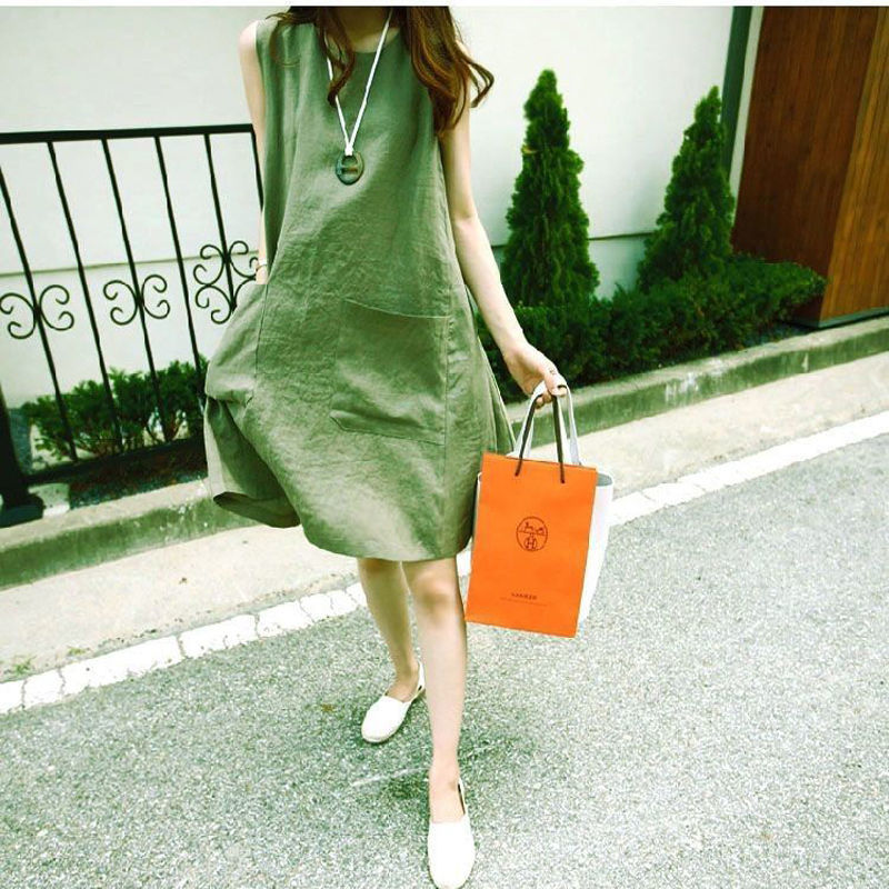 法式簡約寬鬆透氣棉麻中長款無袖a字連身裙-Cicichill