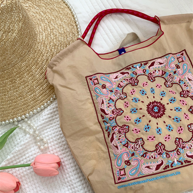 日系小眾腰果花刺繡購物袋尼龍環保袋時尚手提單肩包-Cicichill