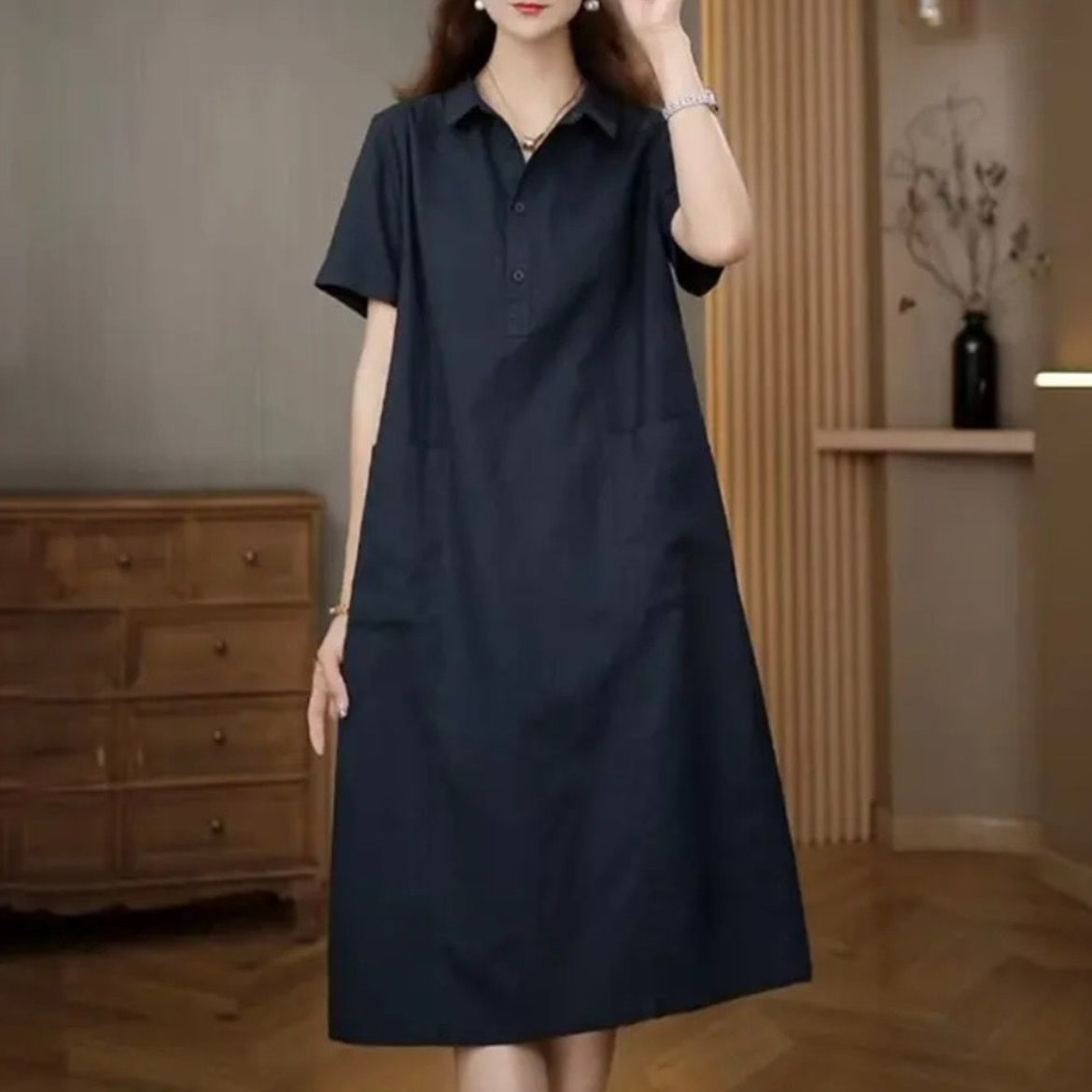 休閒氣質寬鬆遮肚純色口袋襯衫連身裙-Cicichill