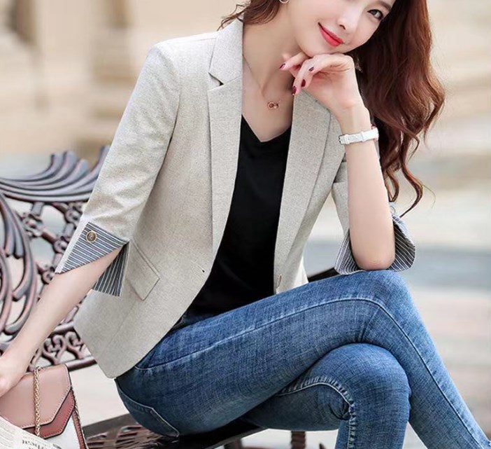 小西裝麻外套女新款韓版小個子七分袖薄款職業裝修身時尚西服開衫