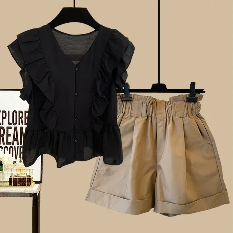 【兩件套】時尚v領雪紡娃娃衫荷葉邊無袖襯衫+短褲套裝