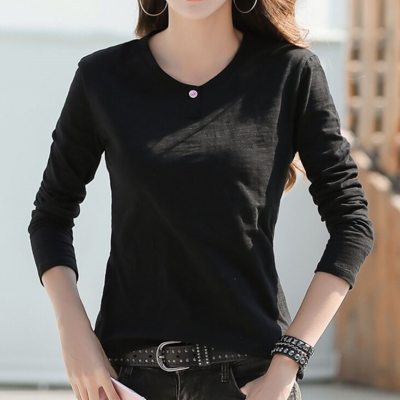 多色韓版簡約修身顯瘦減齡百搭紐扣圓領長袖-Cicichill