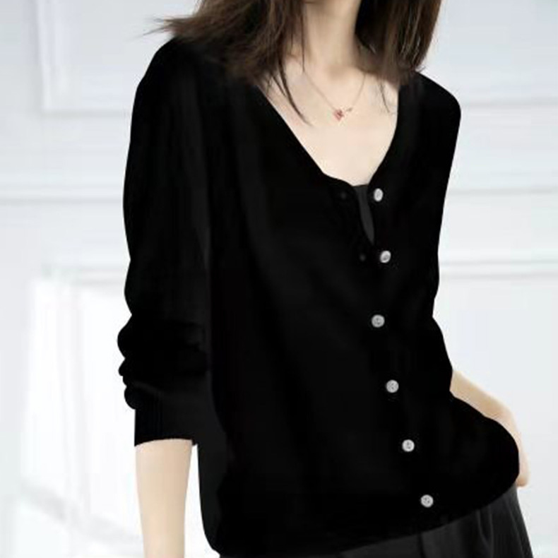 V領針織開衫冰絲防曬短款長袖針織開衫-Cicichill