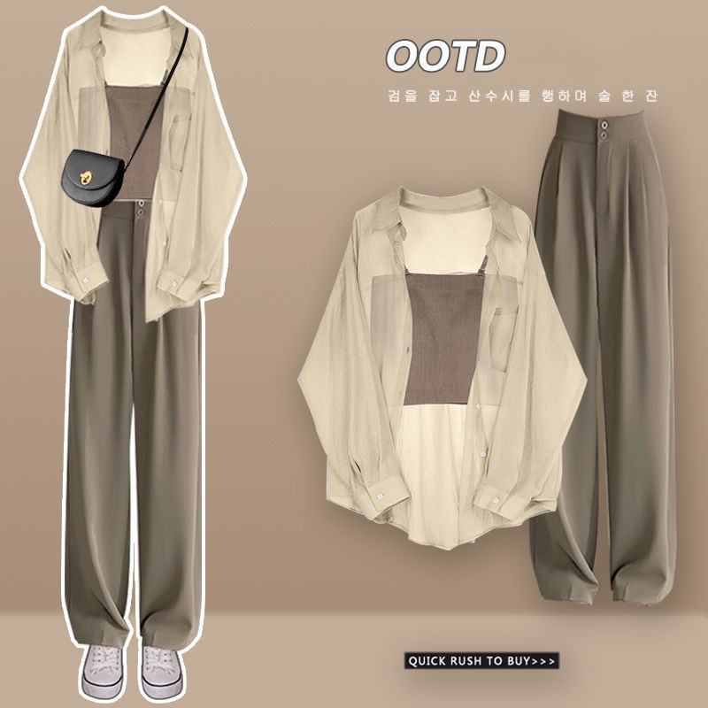 【整買】防曬襯衫吊帶休閒闊腿褲顯瘦潮三件套裝-Cicimode