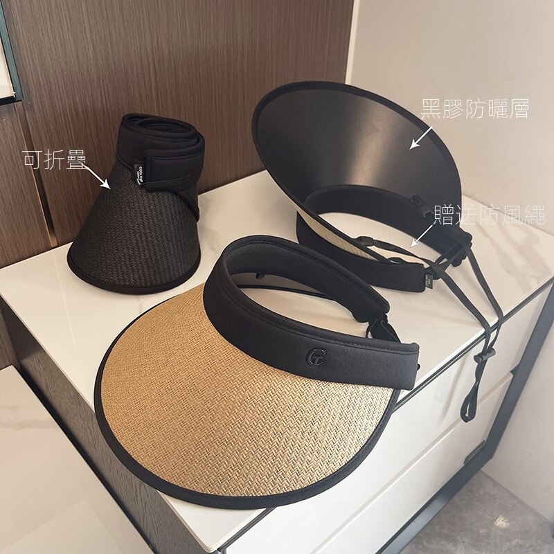 可折疊草編防曬遮陽防紫外線黑膠騎車帽子