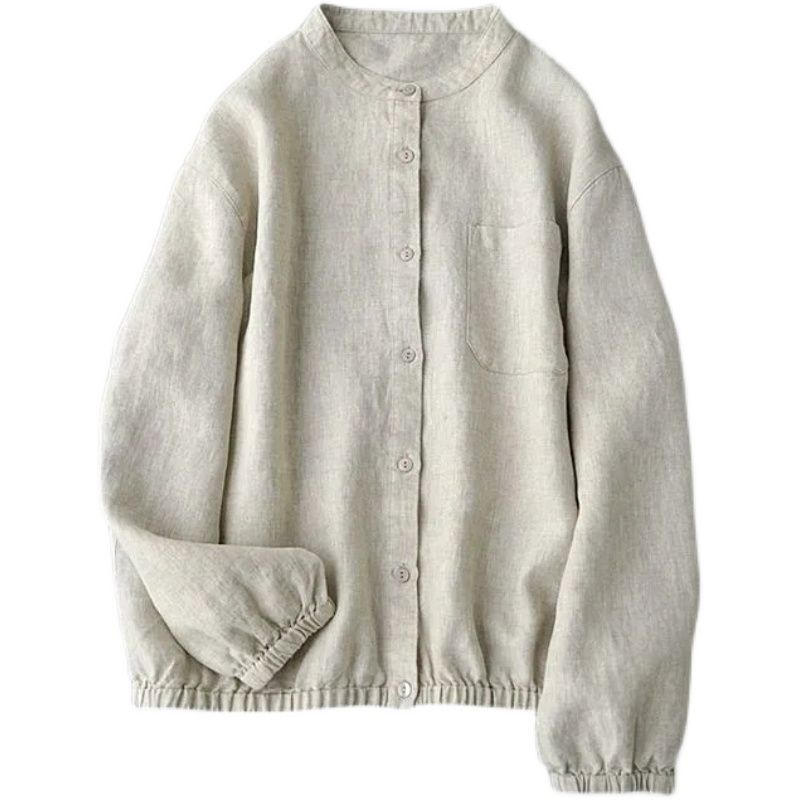 日系復古棉麻長袖下擺收口純色襯衫-Cicichill