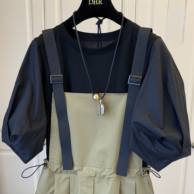 【可單買】韓版泡泡袖上衣+顯瘦收腰背帶連身裙套裝-Cicichill