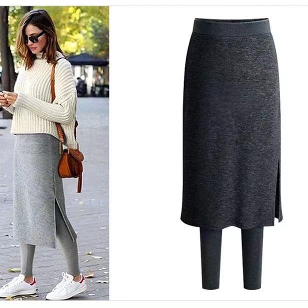 休閒簡約百搭外穿加絨/薄款假兩件裙褲-Cicichill