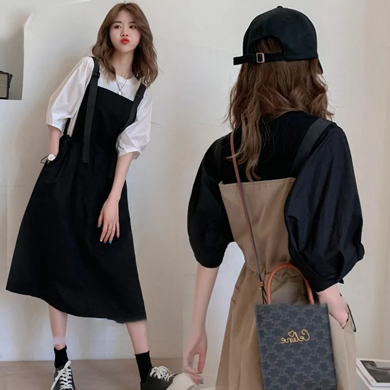 【可單買】韓版泡泡袖上衣+顯瘦收腰背帶連身裙套裝-Cicichill