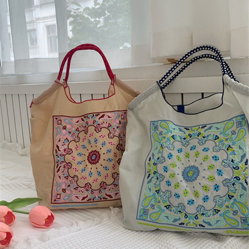 日系小眾腰果花刺繡購物袋尼龍環保袋時尚手提單肩包-Cicichill