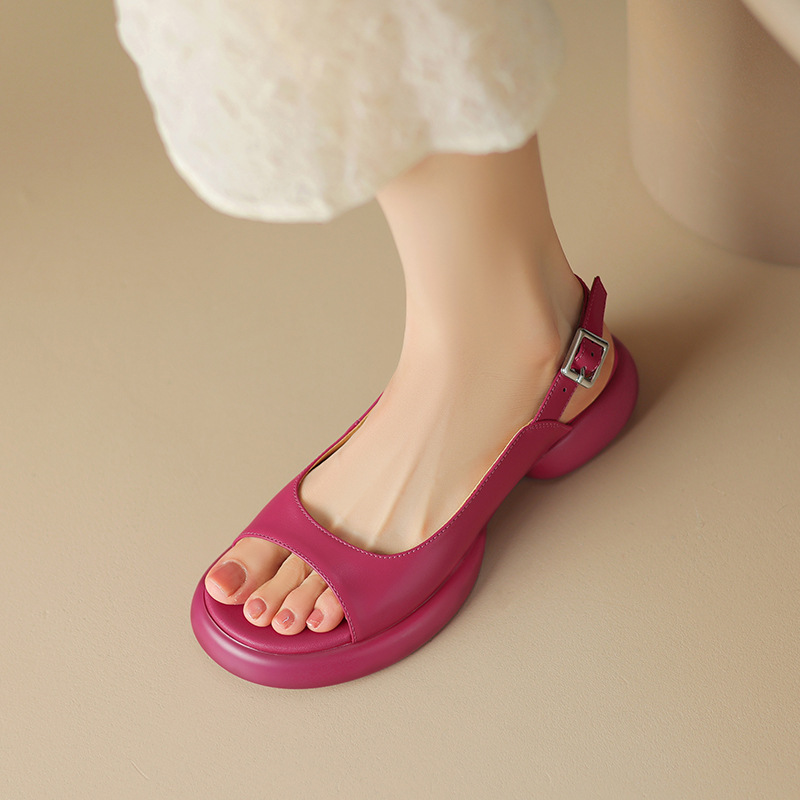 圓頭厚底露趾涼鞋休閒百搭粗跟鞋-Cicichill