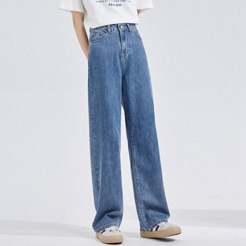 韓版休閒高腰寬鬆直筒垂感闊腿牛仔褲裝