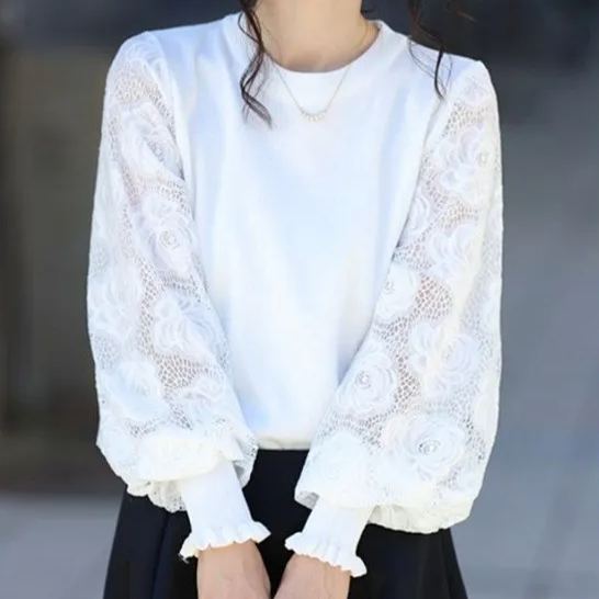 法式氣質蕾絲拼接燈籠袖圓領套頭毛衣針織衫-Cicichill