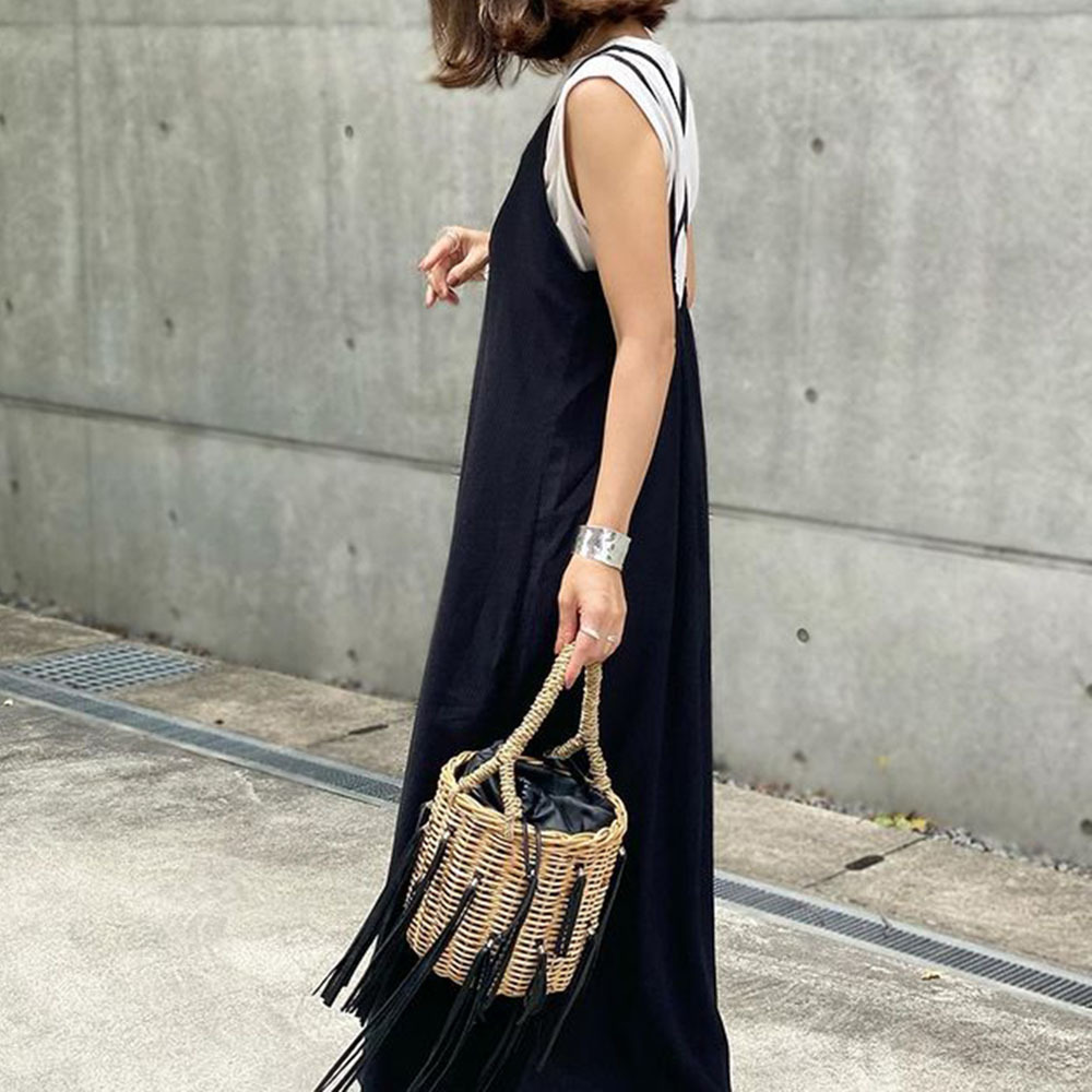 日系長款聚攏圓領吊帶後背織帶無袖素色休閒A字連身裙