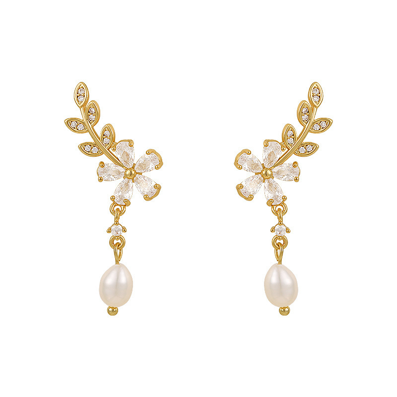 S925銀針韓國微鑲鋯石樹葉花朵珍珠氣質小眾輕奢高級設計感耳釘-Cicichill