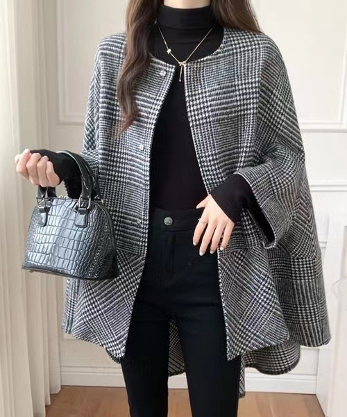 斗篷披風設計中長款外套格子呢子開衫-Cicichill
