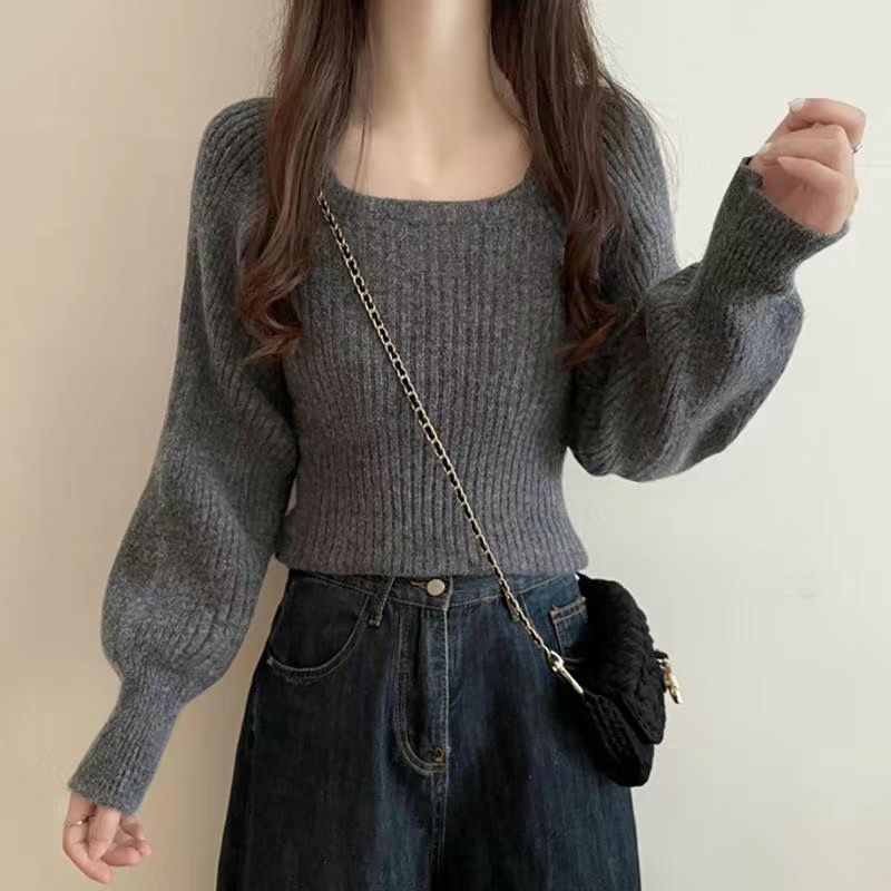 Chic方領軟糯休閒寬鬆百搭燈籠袖針織長袖-Cicichill