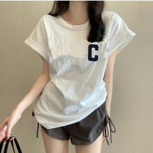 韓版寬鬆設計感印花小眾飛飛袖落肩袖短袖