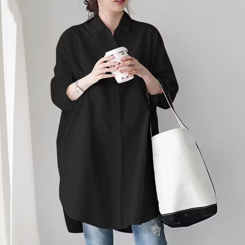 慵懶風氣質寬鬆設計感中長款長袖襯衫-Cicichill