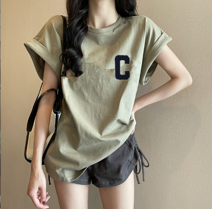 韓版寬鬆設計感印花小眾飛飛袖落肩袖短袖