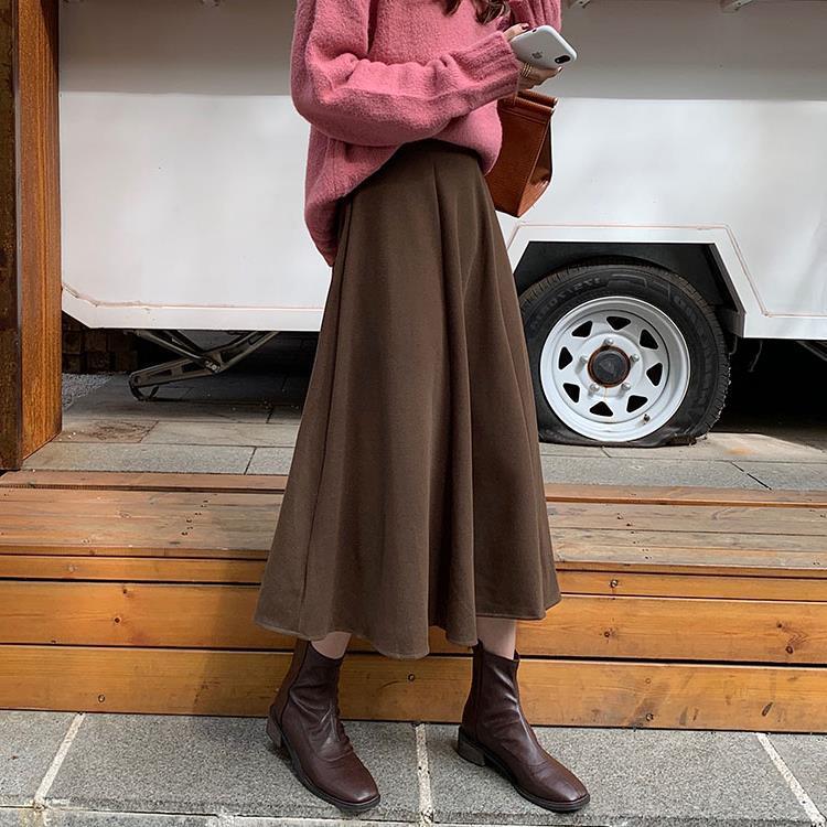 法式咖色傘裙高腰加厚a字大擺長裙半身裙