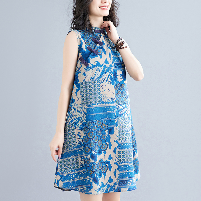 中式寬鬆顯瘦棉麻無袖印花復古改良盤扣旗袍連身裙-Cicichill