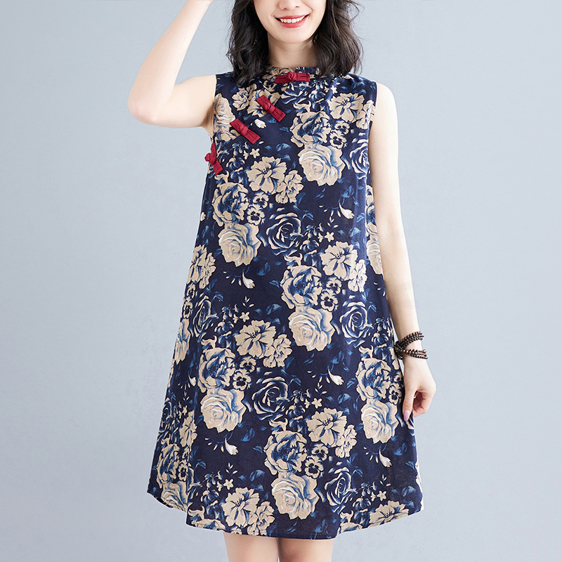 中式寬鬆顯瘦棉麻無袖印花復古改良盤扣旗袍連身裙-Cicichill