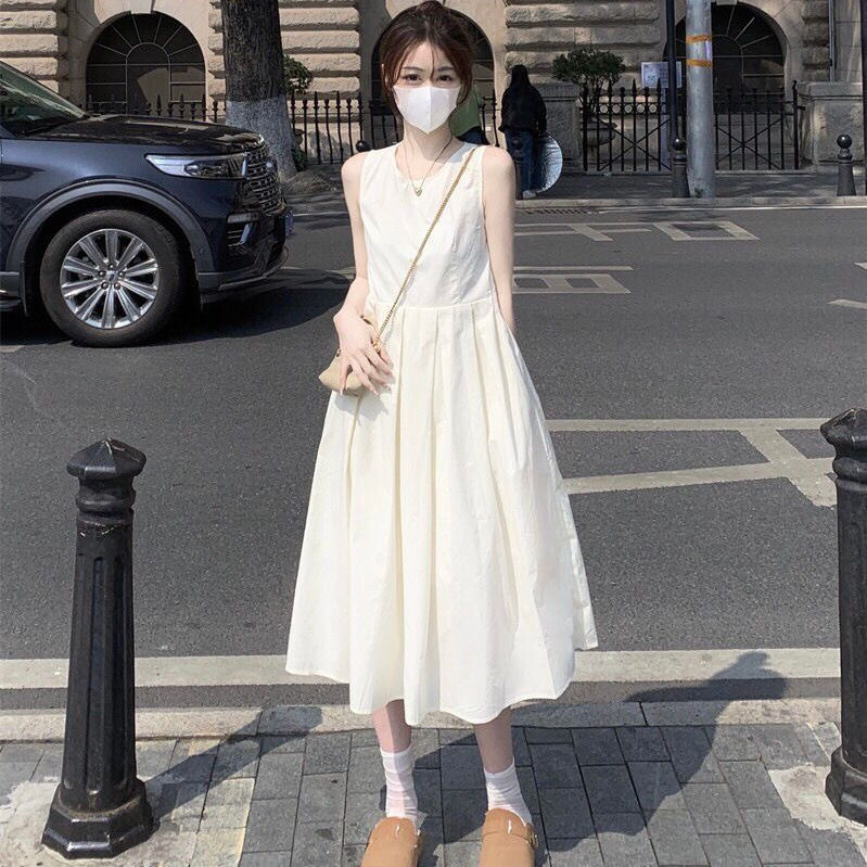 法式白色收腰顯瘦中長款蓬蓬大擺無袖連身裙-Cicichill