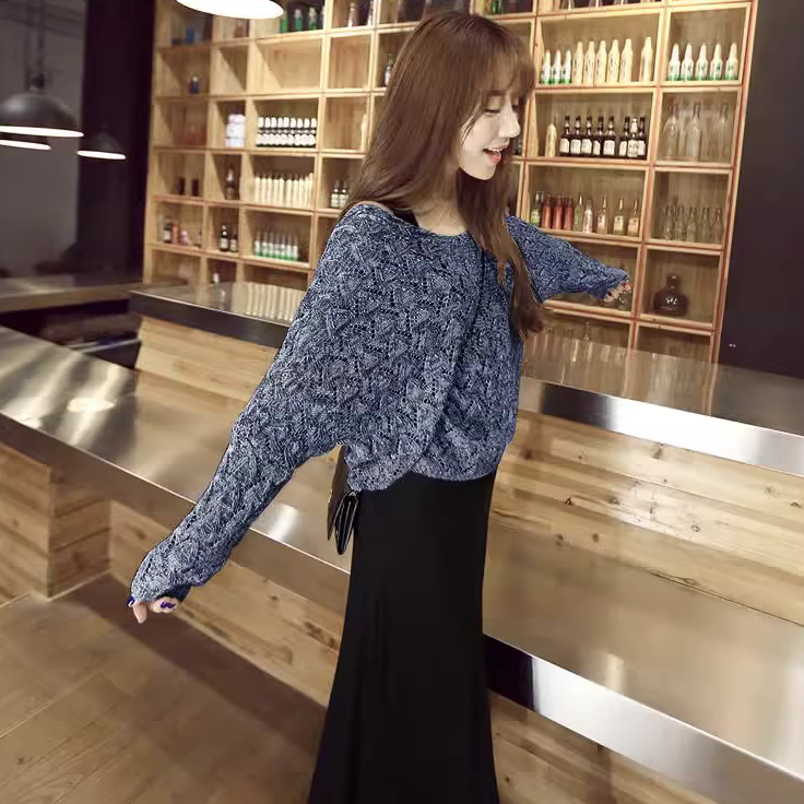 【整賣】韓版套頭針織長袖 修身時尚連身裙兩件套裝-Cicichill