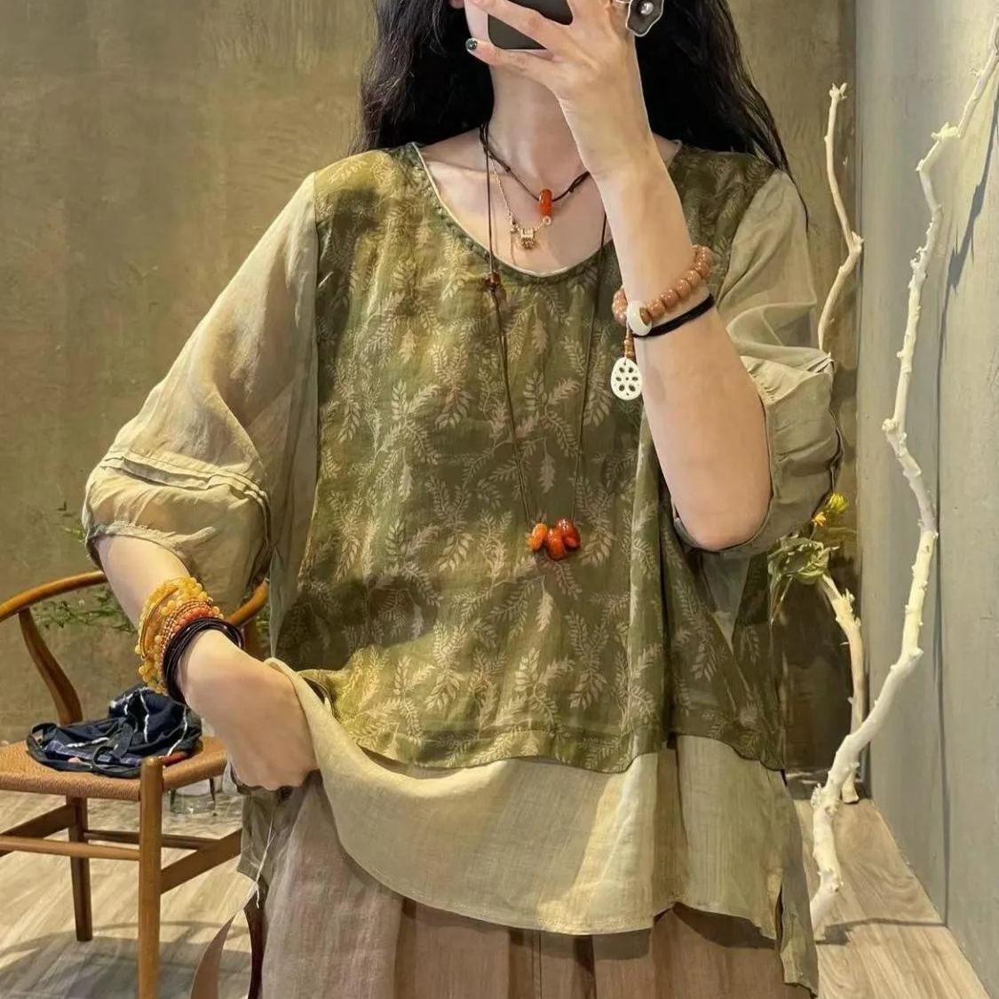 時尚棉麻印花拼接假兩件顯瘦兩件套裝-Cicichill