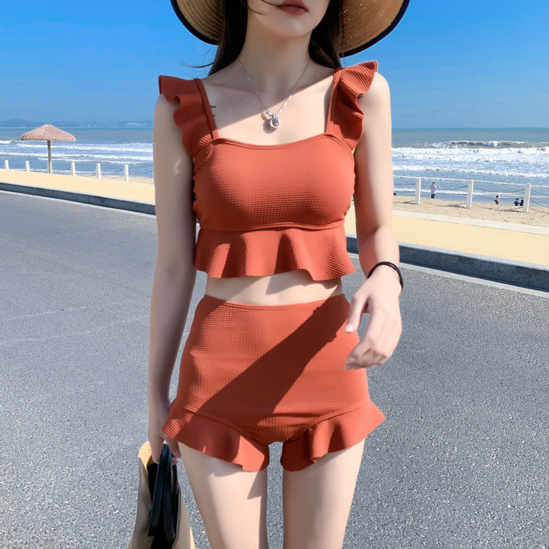 韓版ins森系聚攏高腰顯瘦遮肚分體泳衣